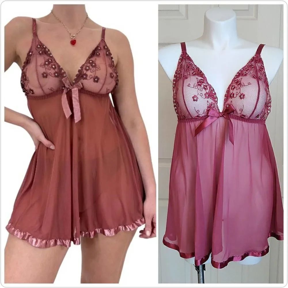 Sheer raspberry stretch lace babydoll chemise sz 1X